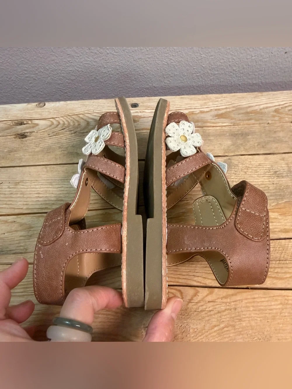 Kids Brown Floral Leather Sandals with Pastel Flowers